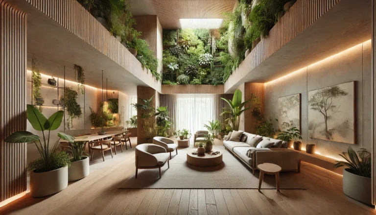 Biophilic Design living space featuring a vertical green wall, abundant indoor plants, and natural wood accents, creating a harmonious connection to nature.