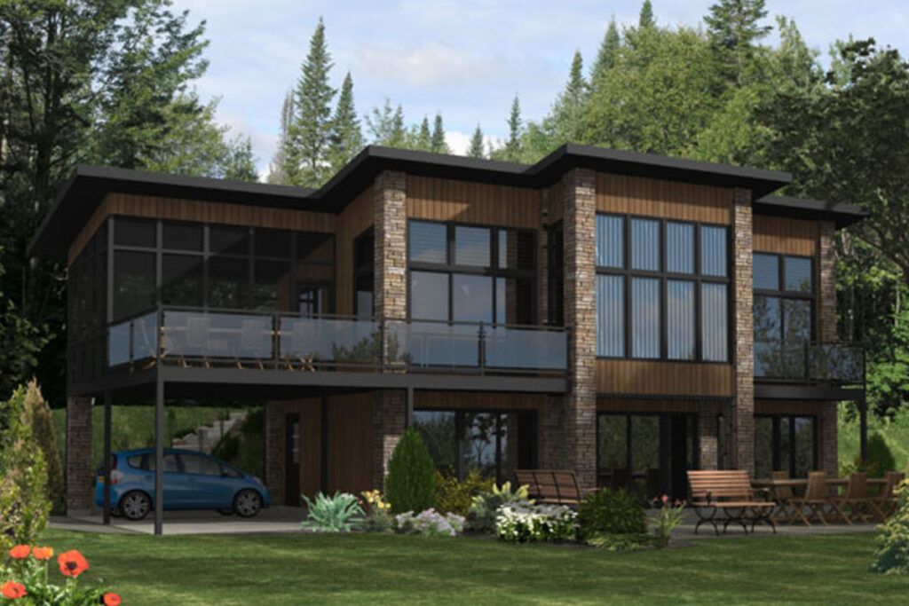 Modern Canadian architectural design featuring a two-story home with natural wood, stone accents, and large windows. A DesignX Studios creation.