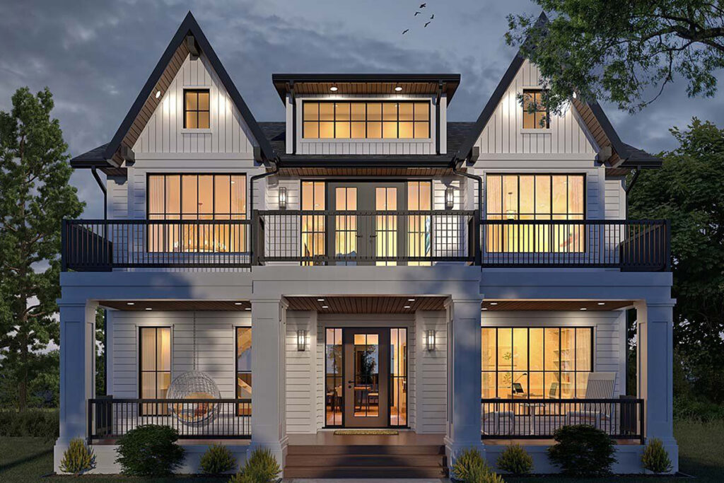 Stunning American-style architectural design featuring a modern farmhouse with symmetrical gables, expansive windows, and wraparound balconies by DesignX Studios.