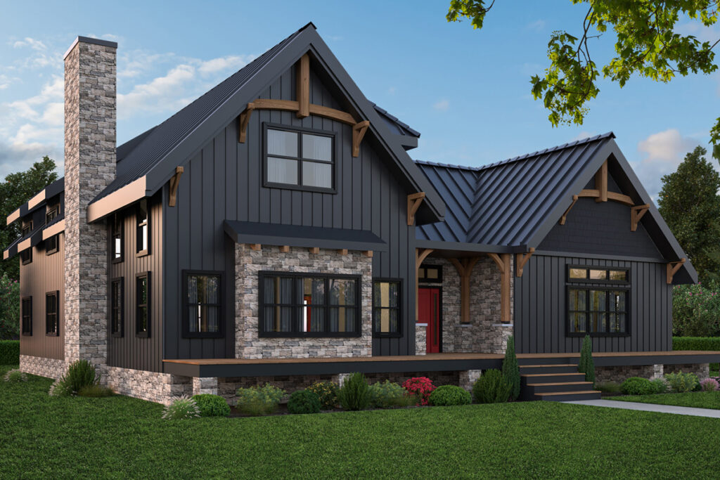 Rustic home exterior with a combination of stone and wood accents, gabled rooflines, and natural landscaping. Rustic exterior design by DesignX Studios.