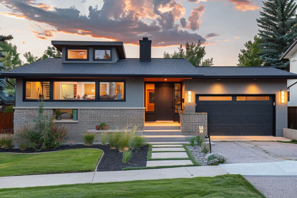 Contemporary home exterior featuring clean lines, a sleek facade, large windows, and a landscaped front yard. Contemporary exterior design by DesignX Studios.