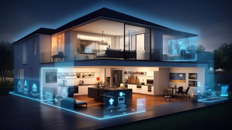 The Evolution of Smart Homes showcasing interconnected technologies within a modern house, emphasizing advanced home automation and integration.